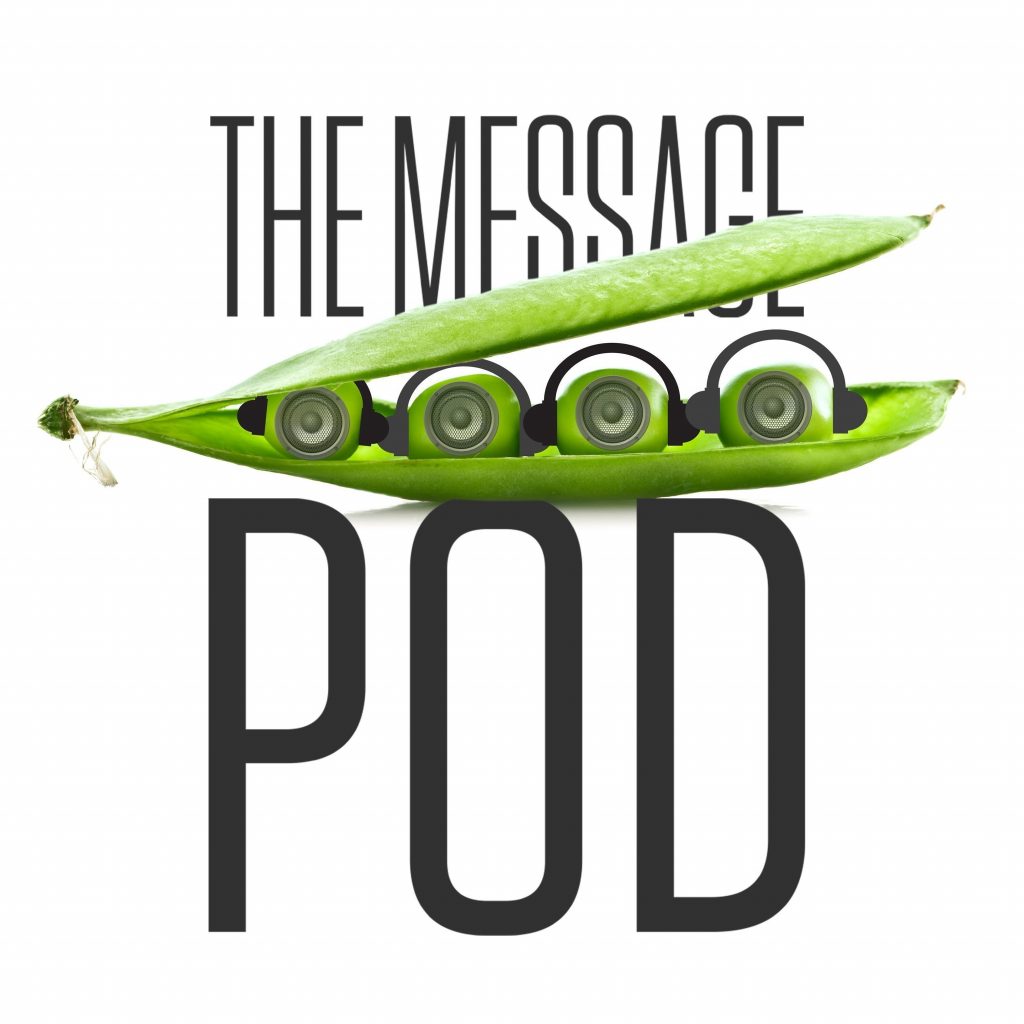 The message pod logo – peas in a pod that also look like speakers and wear headphones.
