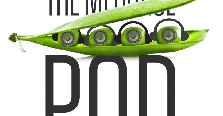 The message pod logo – peas in a pod that also look like speakers and wear headphones.