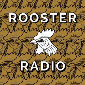 The Rooster Radio Logo with black and white illustration of a rooster's head.