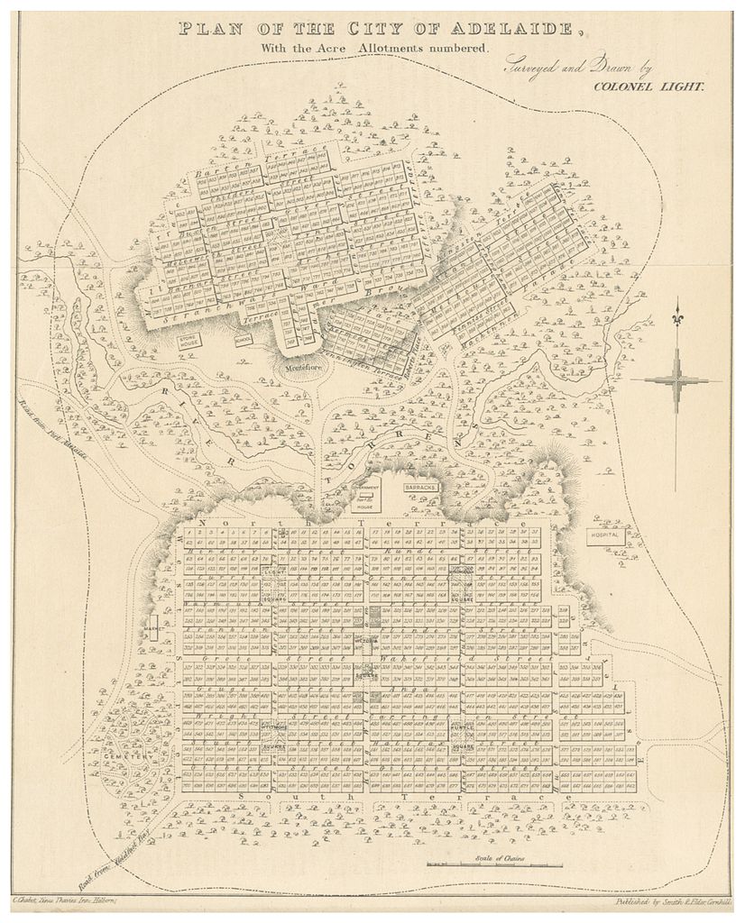 1839 line drawn map plan of Adelaide and North Adelaide