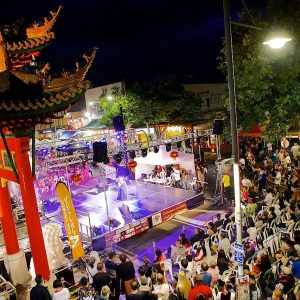 A crowd of people watching a performer on stage at night in chinatown
